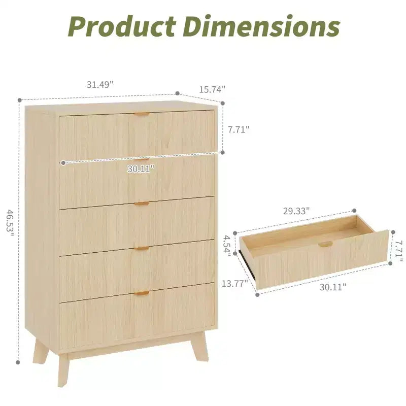 Fluted Dresser for Bedroom Wood Tall Dresser Storage Organizer, Modern Bedroom Chest with Deep Storage 5 Drawers Wood