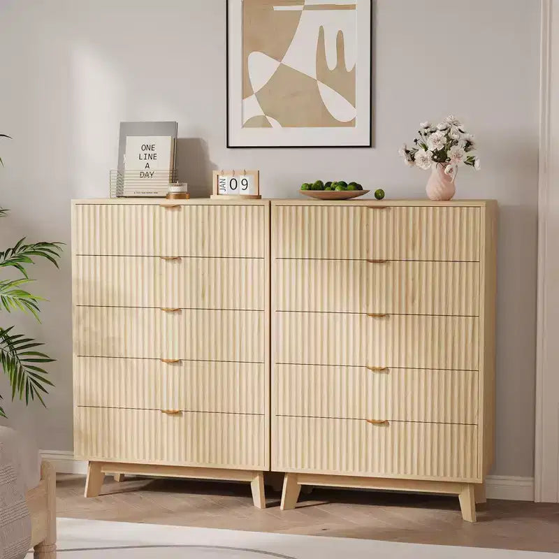Fluted Dresser for Bedroom Wood Tall Dresser Storage Organizer, Modern Bedroom Chest with Deep Storage 5 Drawers Wood
