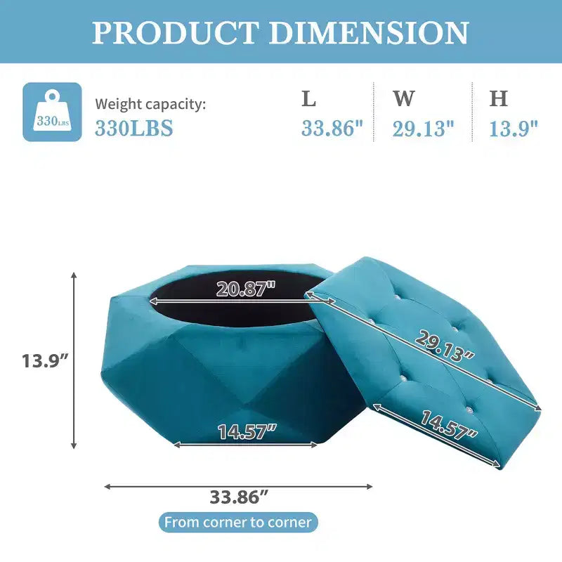 Whisen Velvet Polygon Ottoman, Spacious Storage, Diamond Tufted & Multi-Functional Comfort