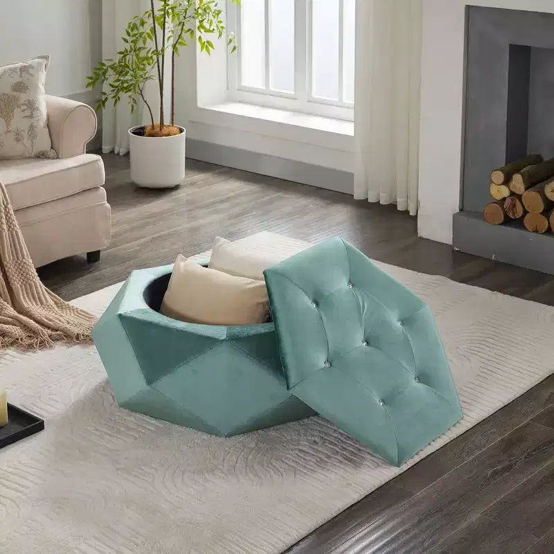 Whisen Velvet Polygon Ottoman, Spacious Storage, Diamond Tufted & Multi-Functional Comfort