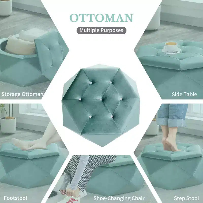 Whisen Velvet Polygon Ottoman, Spacious Storage, Diamond Tufted & Multi-Functional Comfort