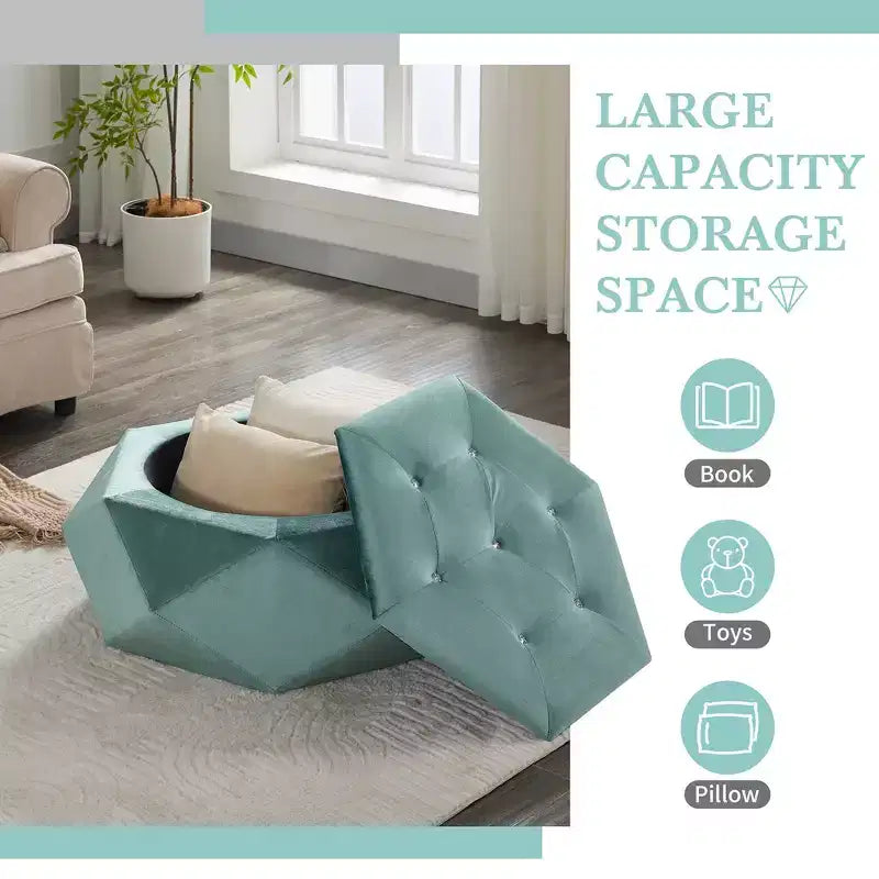 Whisen Velvet Polygon Ottoman, Spacious Storage, Diamond Tufted & Multi-Functional Comfort