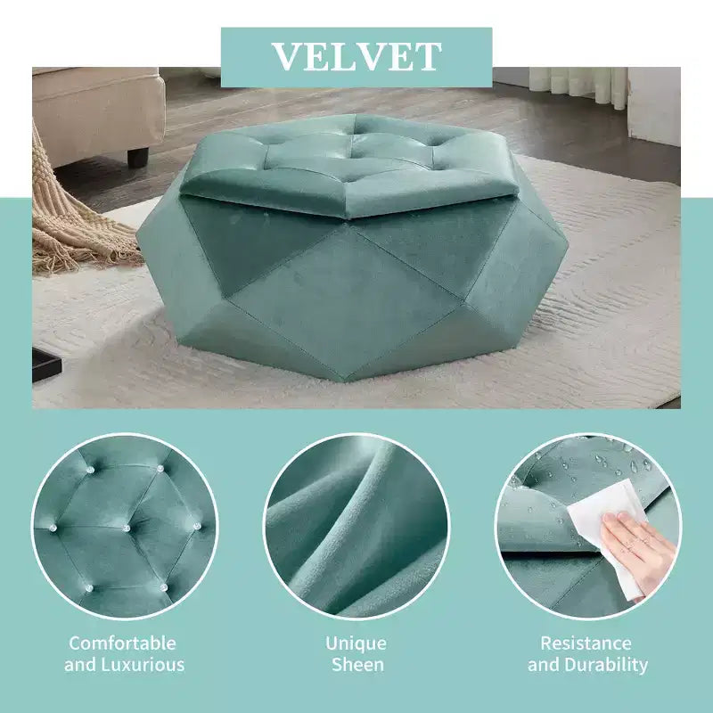 Whisen Velvet Polygon Ottoman, Spacious Storage, Diamond Tufted & Multi-Functional Comfort