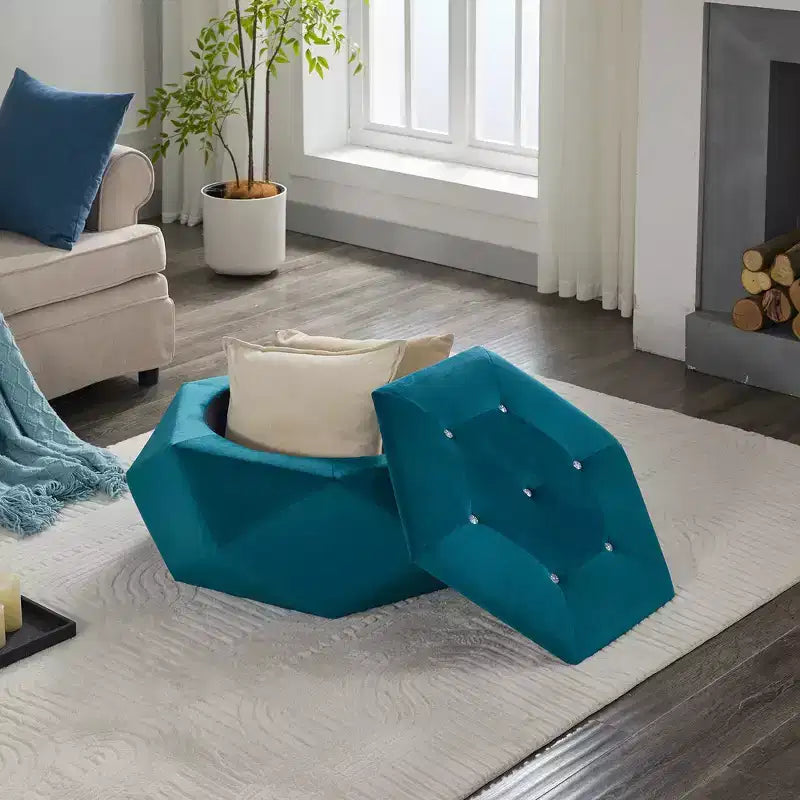 Whisen Velvet Polygon Ottoman, Spacious Storage, Diamond Tufted & Multi-Functional Comfort