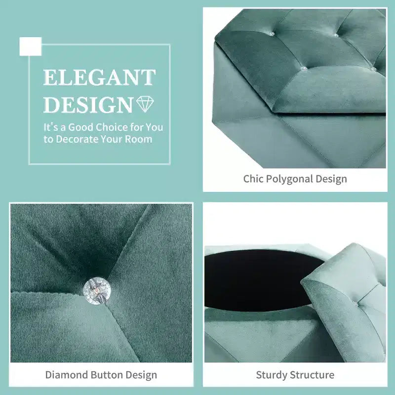 Whisen Velvet Polygon Ottoman, Spacious Storage, Diamond Tufted & Multi-Functional Comfort