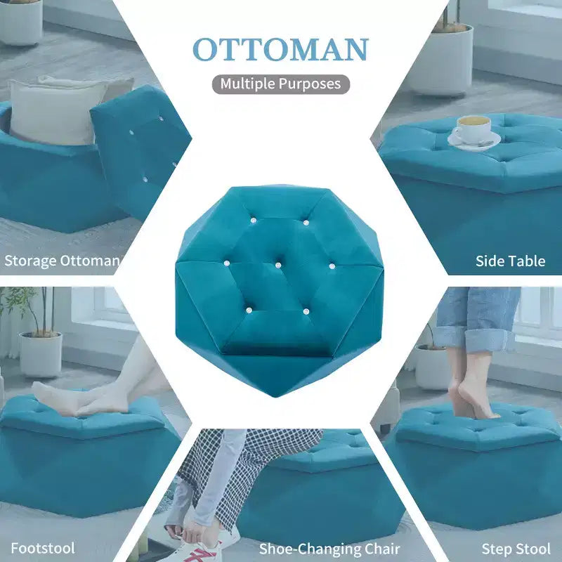 Whisen Velvet Polygon Ottoman, Spacious Storage, Diamond Tufted & Multi-Functional Comfort