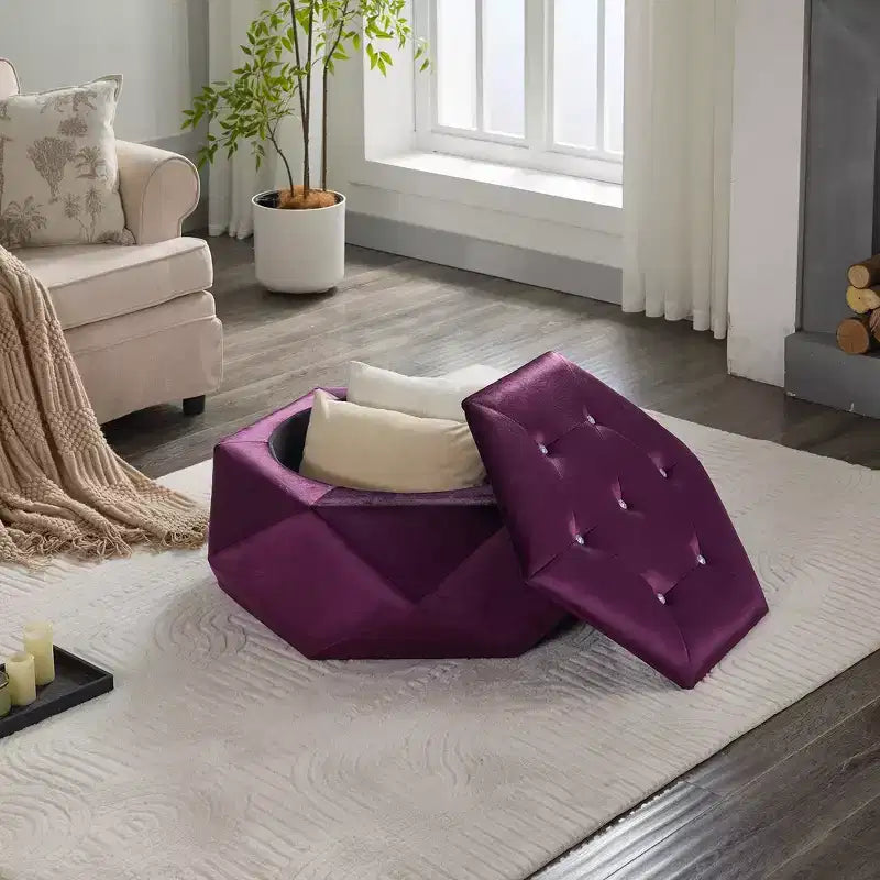 Whisen Velvet Polygon Ottoman, Spacious Storage, Diamond Tufted & Multi-Functional Comfort