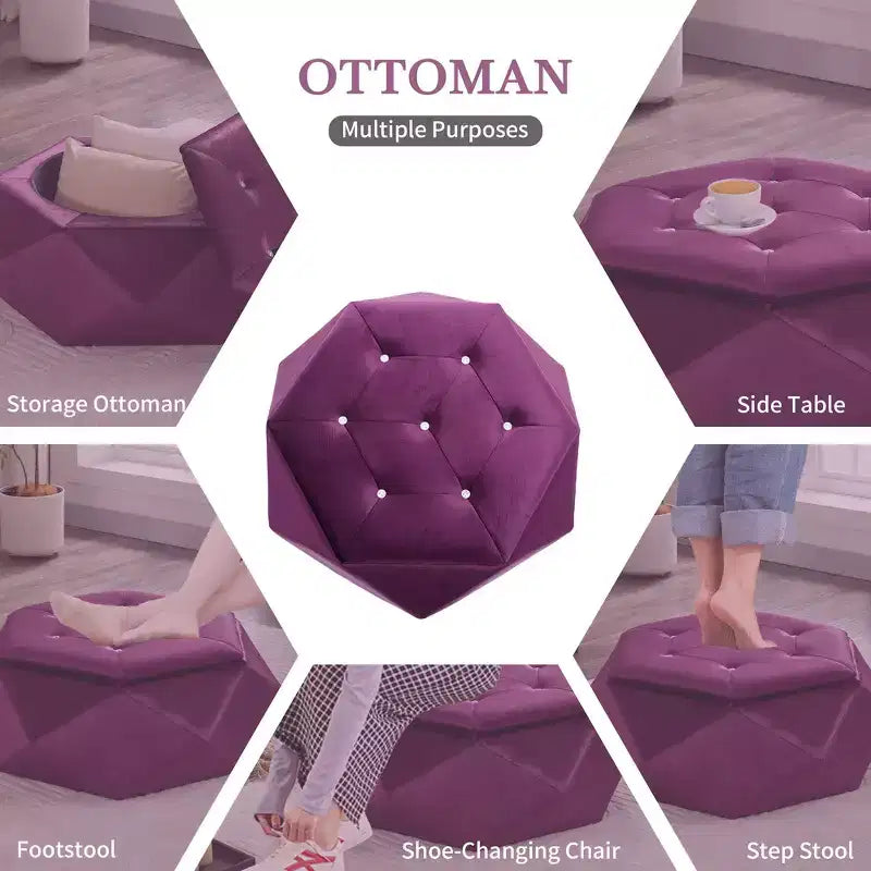 Whisen Velvet Polygon Ottoman, Spacious Storage, Diamond Tufted & Multi-Functional Comfort