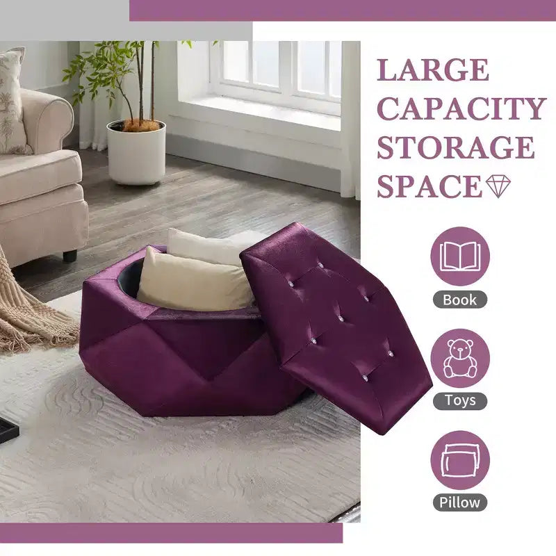 Whisen Velvet Polygon Ottoman, Spacious Storage, Diamond Tufted & Multi-Functional Comfort