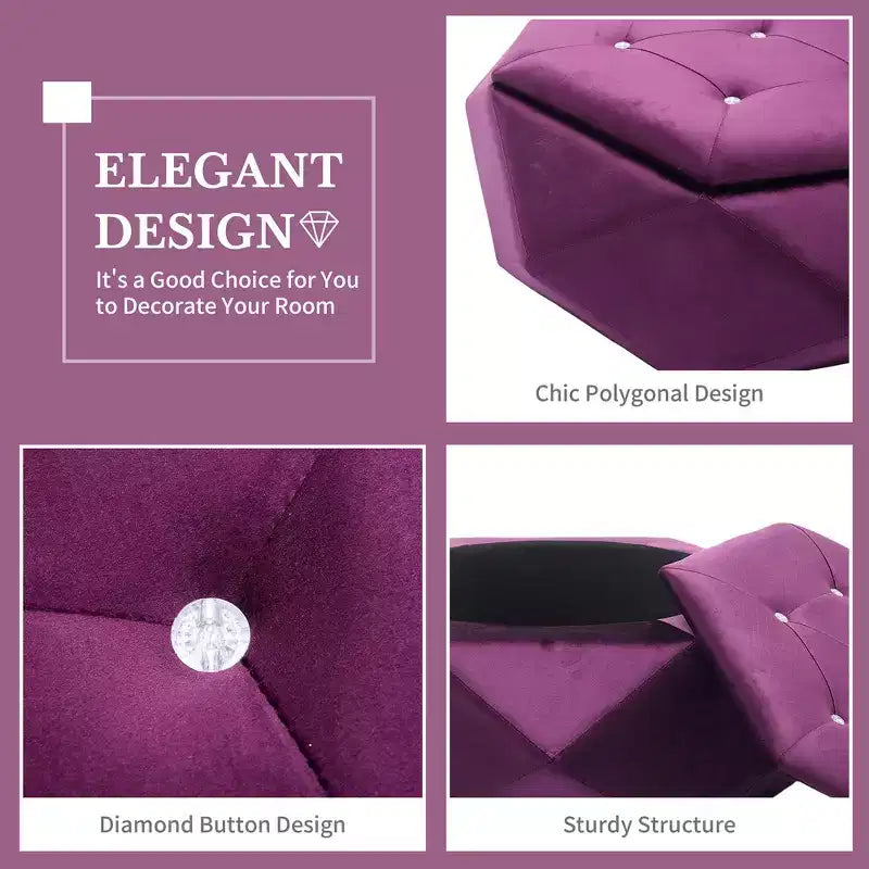 Whisen Velvet Polygon Ottoman, Spacious Storage, Diamond Tufted & Multi-Functional Comfort