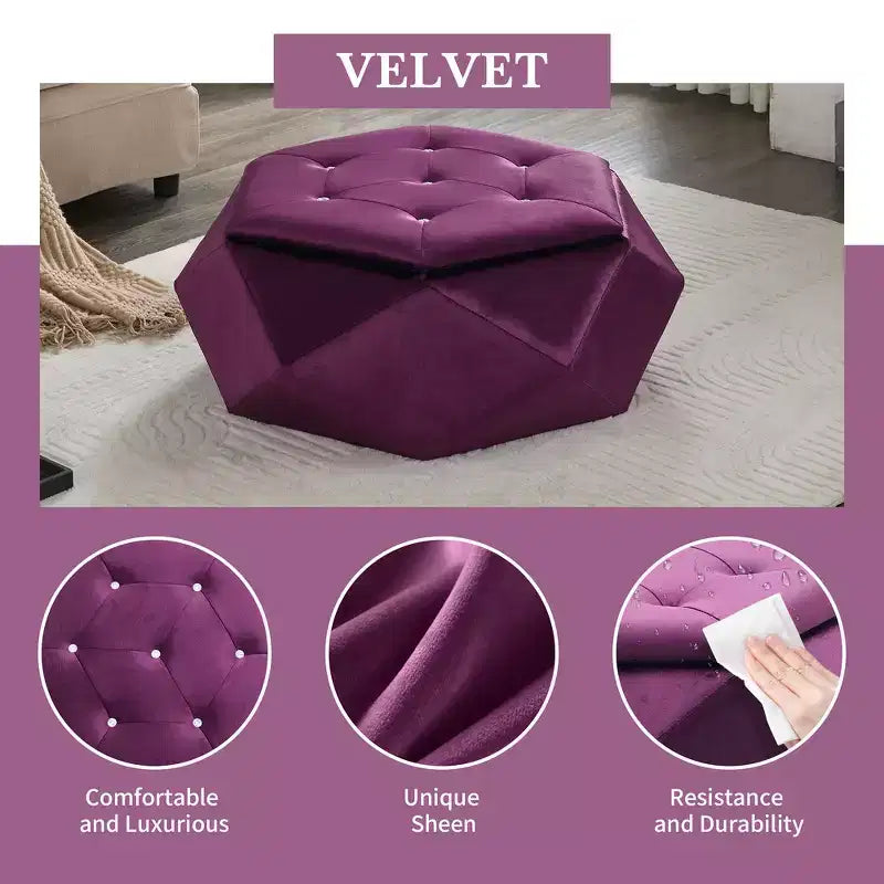 Whisen Velvet Polygon Ottoman, Spacious Storage, Diamond Tufted & Multi-Functional Comfort
