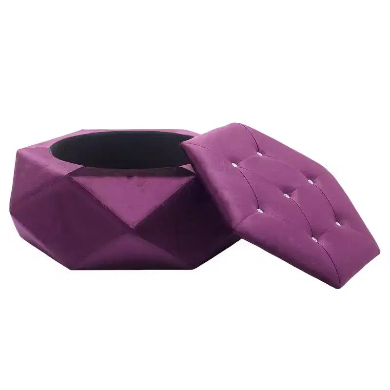 Whisen Velvet Polygon Ottoman, Spacious Storage, Diamond Tufted & Multi-Functional Comfort