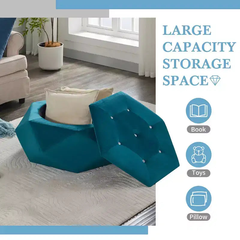 Whisen Velvet Polygon Ottoman, Spacious Storage, Diamond Tufted & Multi-Functional Comfort