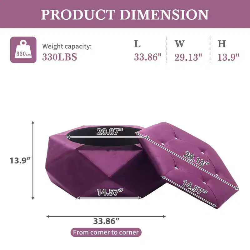 Whisen Velvet Polygon Ottoman, Spacious Storage, Diamond Tufted & Multi-Functional Comfort