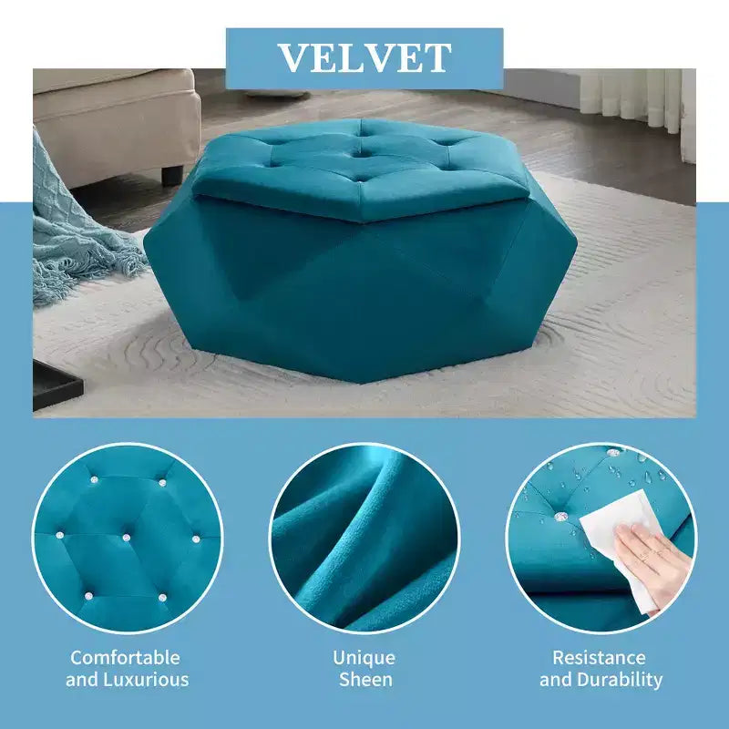 Whisen Velvet Polygon Ottoman, Spacious Storage, Diamond Tufted & Multi-Functional Comfort