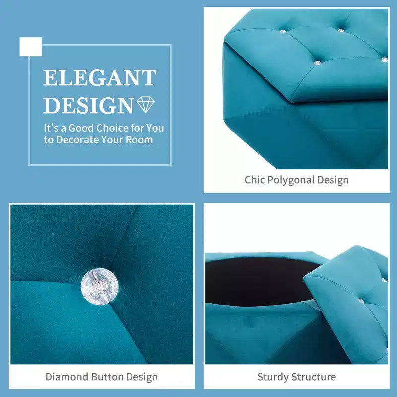 Whisen Velvet Polygon Ottoman, Spacious Storage, Diamond Tufted & Multi-Functional Comfort