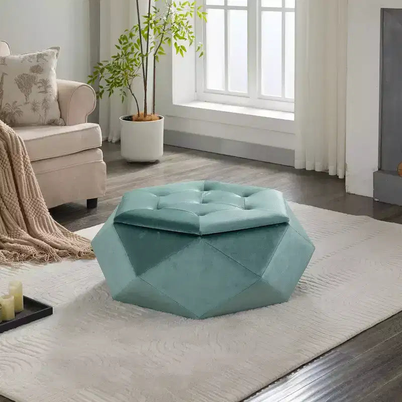 Whisen Velvet Polygon Ottoman, Spacious Storage, Diamond Tufted & Multi-Functional Comfort