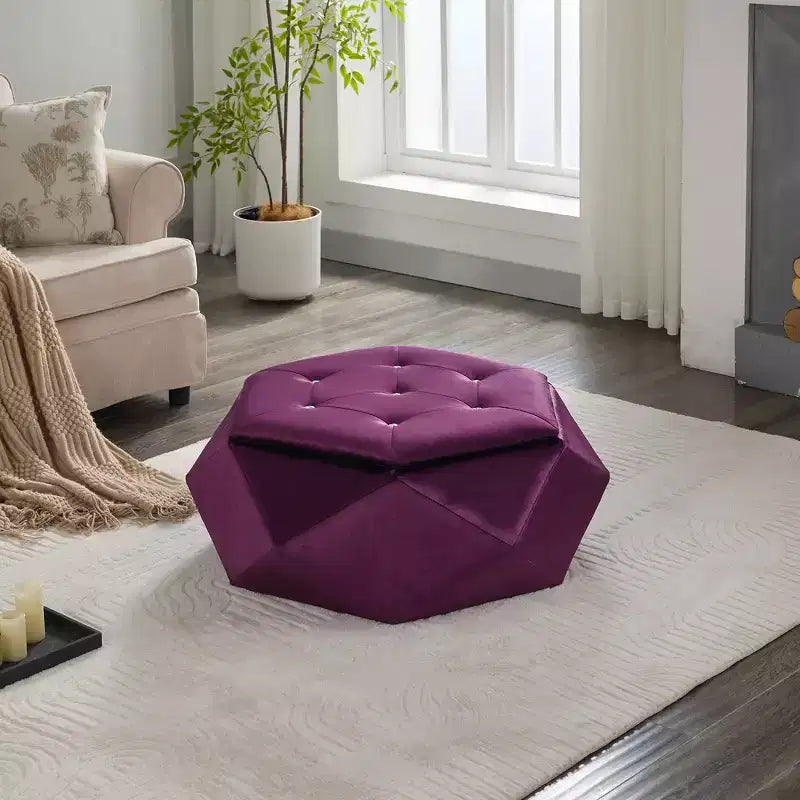 Whisen Velvet Polygon Ottoman, Spacious Storage, Diamond Tufted & Multi-Functional Comfort