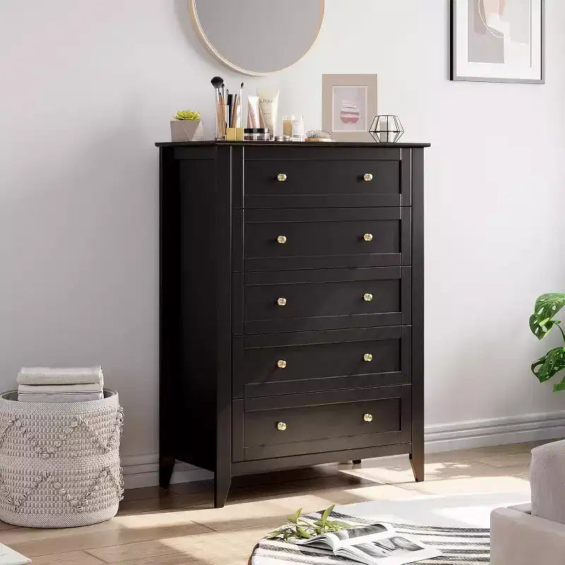 5 Drawers Dresser for Bedroom, Farmhouse Tall Wood Chest of Drawers for Clothes, Big Storage Dressers Organizer with Gold Handles for Bedroom