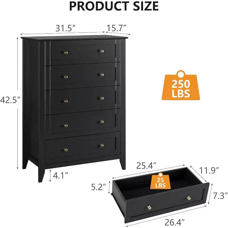 5 Drawers Dresser for Bedroom, Farmhouse Tall Wood Chest of Drawers for Clothes, Big Storage Dressers Organizer with Gold Handles for Bedroom