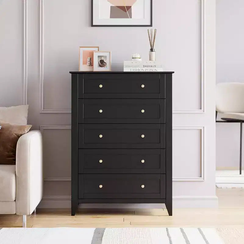 5 Drawers Dresser for Bedroom, Farmhouse Tall Wood Chest of Drawers for Clothes, Big Storage Dressers Organizer with Gold Handles for Bedroom