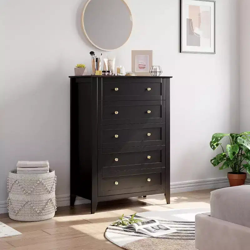 5 Drawers Dresser for Bedroom, Farmhouse Tall Wood Chest of Drawers for Clothes, Big Storage Dressers Organizer with Gold Handles for Bedroom