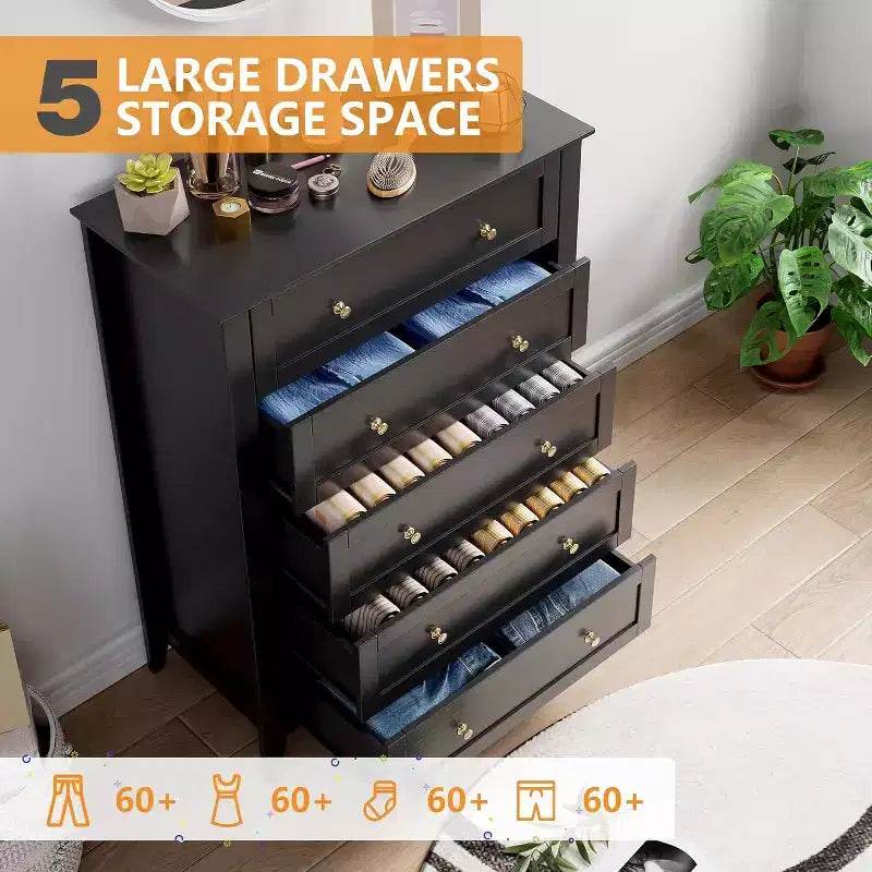 5 Drawers Dresser for Bedroom, Farmhouse Tall Wood Chest of Drawers for Clothes, Big Storage Dressers Organizer with Gold Handles for Bedroom