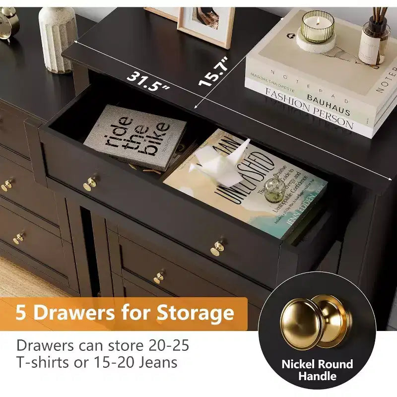 5 Drawers Dresser for Bedroom, Farmhouse Tall Wood Chest of Drawers for Clothes, Big Storage Dressers Organizer with Gold Handles for Bedroom