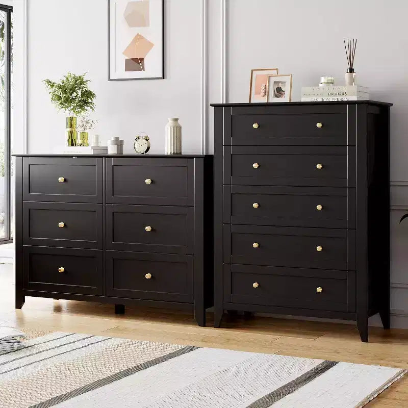 5 Drawers Dresser for Bedroom, Farmhouse Tall Wood Chest of Drawers for Clothes, Big Storage Dressers Organizer with Gold Handles for Bedroom