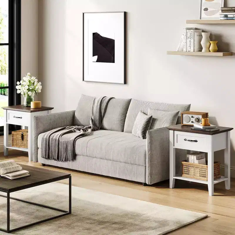 Set of 2 Nightstands, End Side Tables Living Room with Drawer, Industrial Design, Night Stands with Shelf, Bedside Tables for Bedroom, Dorm, Grey