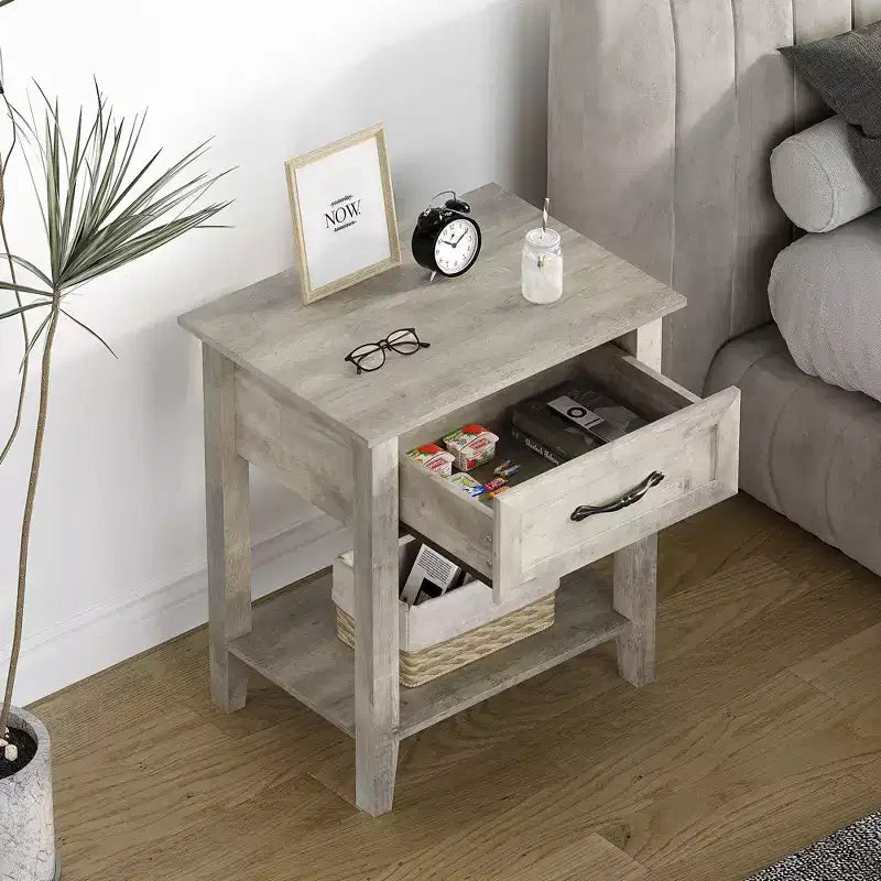 Set of 2 Nightstands, End Side Tables Living Room with Drawer, Industrial Design, Night Stands with Shelf, Bedside Tables for Bedroom, Dorm, Grey