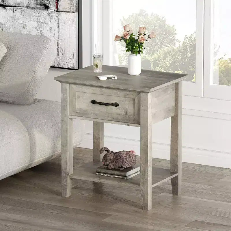 Set of 2 Nightstands, End Side Tables Living Room with Drawer, Industrial Design, Night Stands with Shelf, Bedside Tables for Bedroom, Dorm, Grey