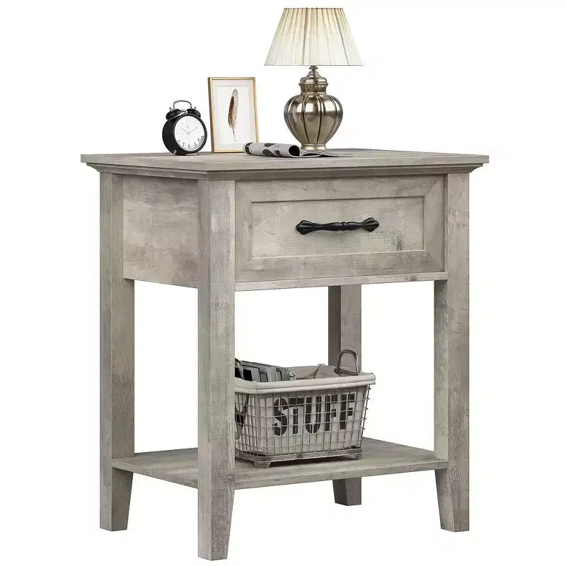 Set of 2 Nightstands, End Side Tables Living Room with Drawer, Industrial Design, Night Stands with Shelf, Bedside Tables for Bedroom, Dorm, Grey