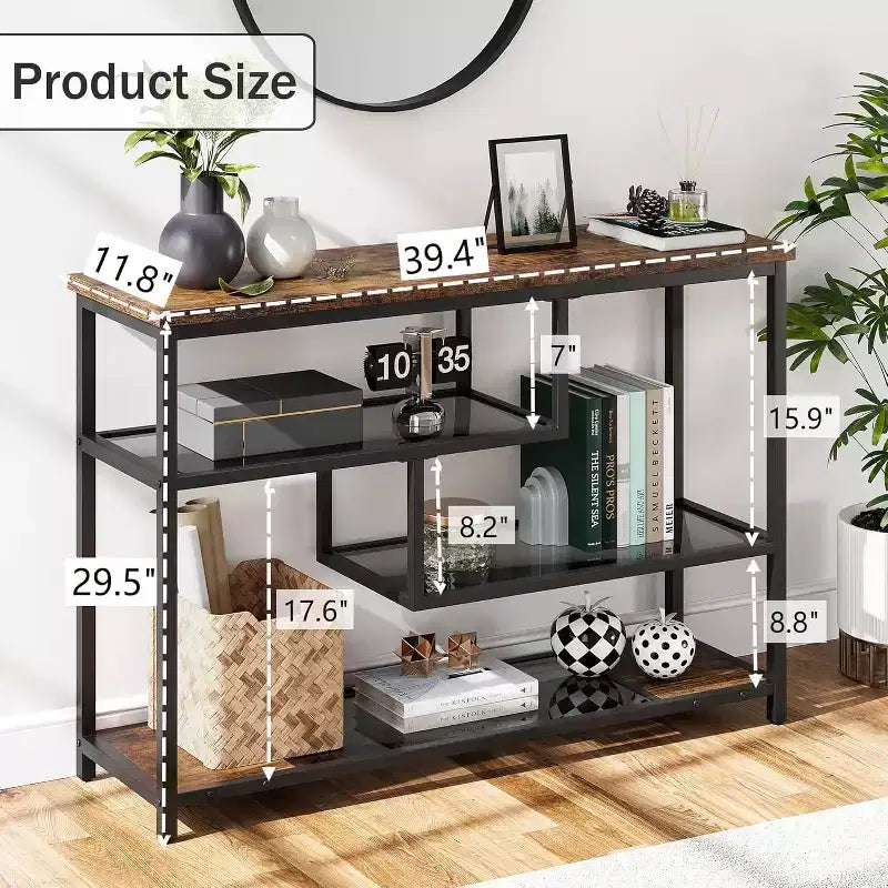 39.4 Narrow Sofa Table with 4 Tiers Storage Shelf Entryway Table, for Living Room, Foyer, Hallway, Entrance, Rustic Brown