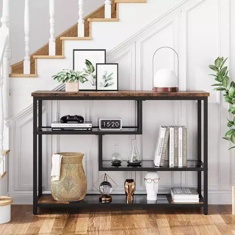 39.4 Narrow Sofa Table with 4 Tiers Storage Shelf Entryway Table, for Living Room, Foyer, Hallway, Entrance, Rustic Brown