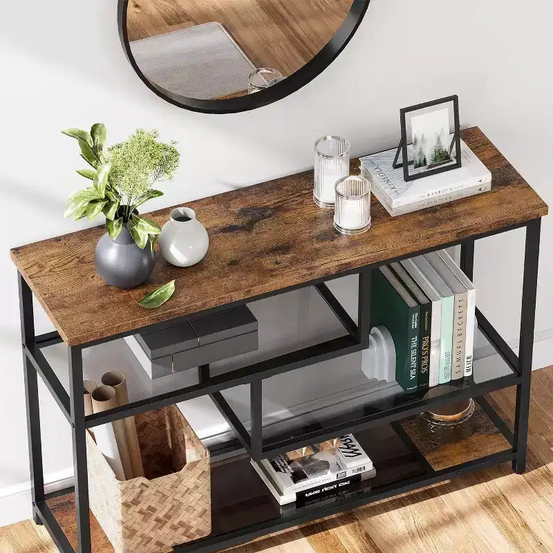39.4 Narrow Sofa Table with 4 Tiers Storage Shelf Entryway Table, for Living Room, Foyer, Hallway, Entrance, Rustic Brown