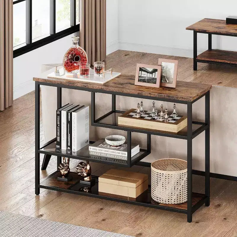 39.4 Narrow Sofa Table with 4 Tiers Storage Shelf Entryway Table, for Living Room, Foyer, Hallway, Entrance, Rustic Brown