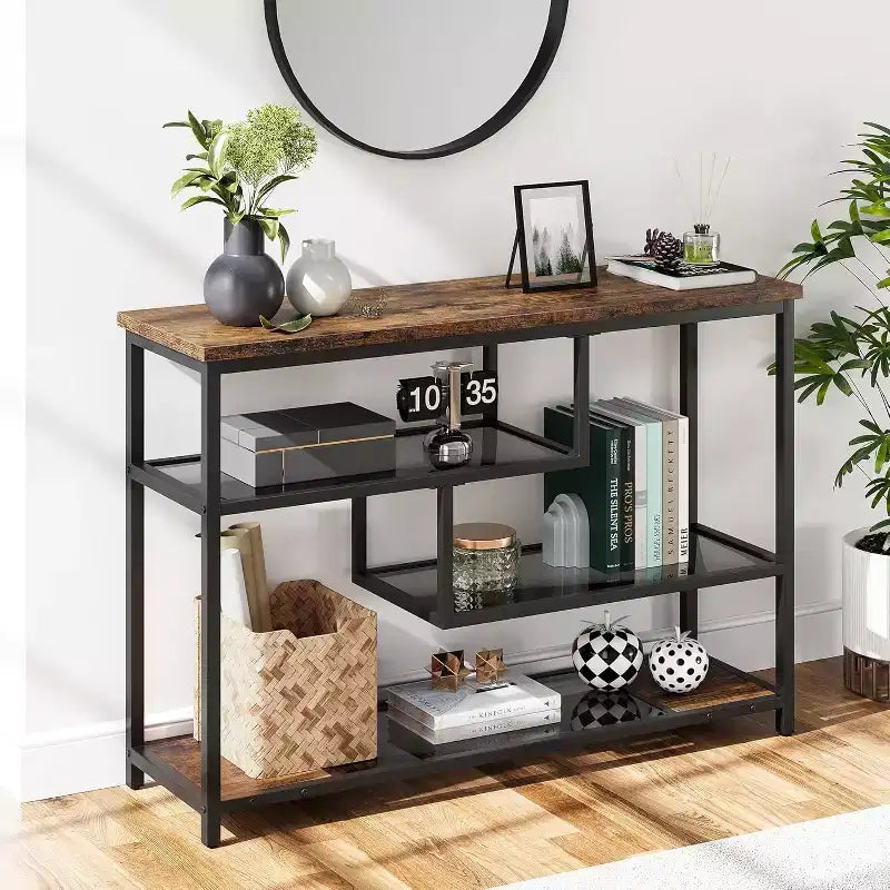 39.4 Narrow Sofa Table with 4 Tiers Storage Shelf Entryway Table, for Living Room, Foyer, Hallway, Entrance, Rustic Brown