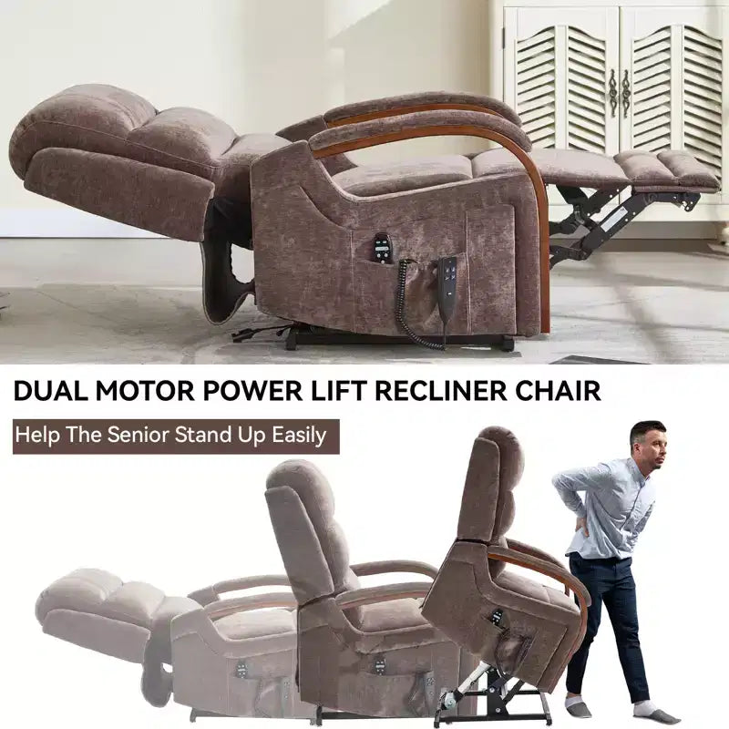 CLIHOME Power Chenille Lift Recliner Chair Dual Motor Infinite Position with Solid Wood Armrests, Heat Massage and Heavy Duty Motion Mechanism