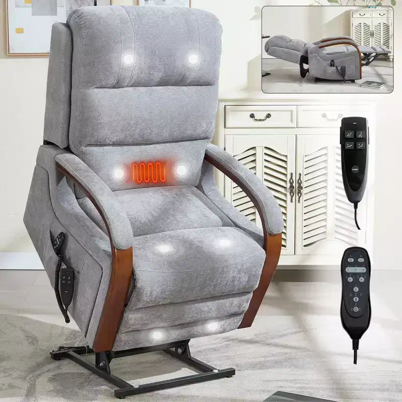 CLIHOME Power Chenille Lift Recliner Chair Dual Motor Infinite Position with Solid Wood Armrests, Heat Massage and Heavy Duty Motion Mechanism