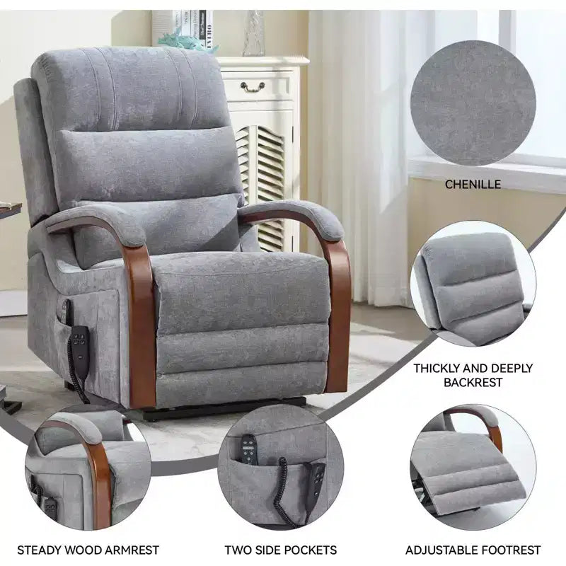 CLIHOME Power Chenille Lift Recliner Chair Dual Motor Infinite Position with Solid Wood Armrests, Heat Massage and Heavy Duty Motion Mechanism
