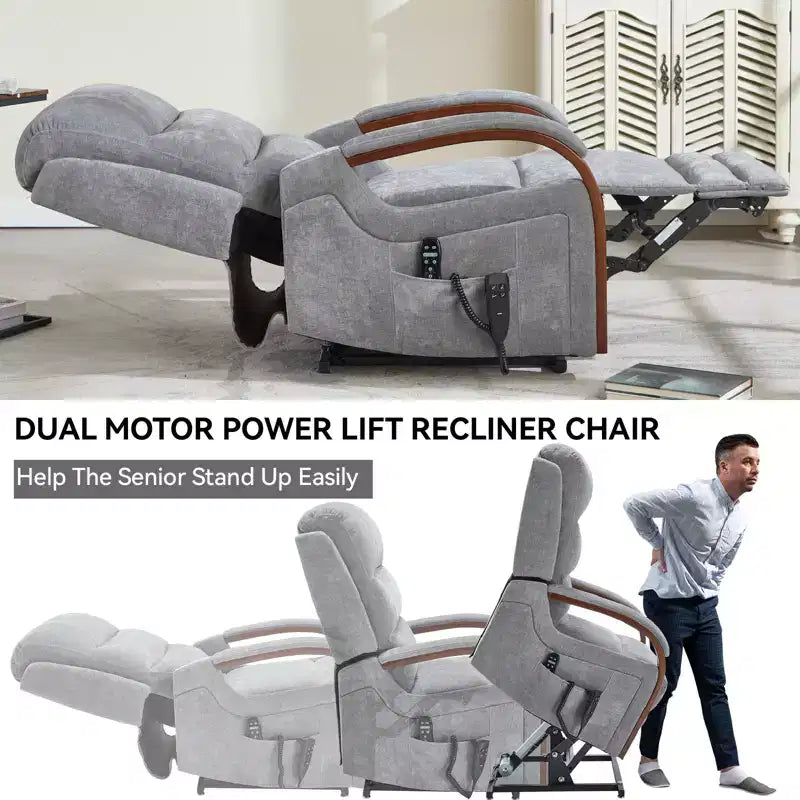 CLIHOME Power Chenille Lift Recliner Chair Dual Motor Infinite Position with Solid Wood Armrests, Heat Massage and Heavy Duty Motion Mechanism