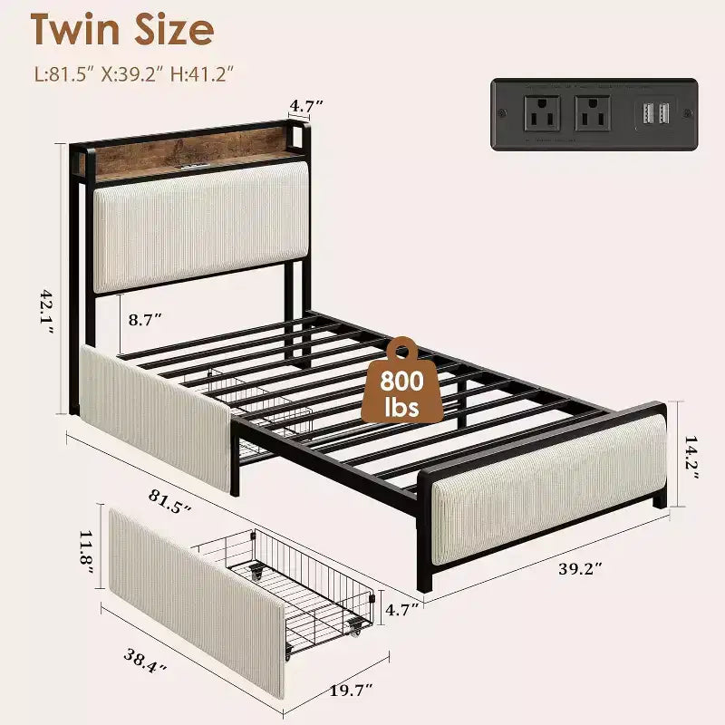 Twin Size Bed Frame with Storage Drawers & Charging Station - Rustic Velvet Upholstered Platform Bed, No Box Spring Needed