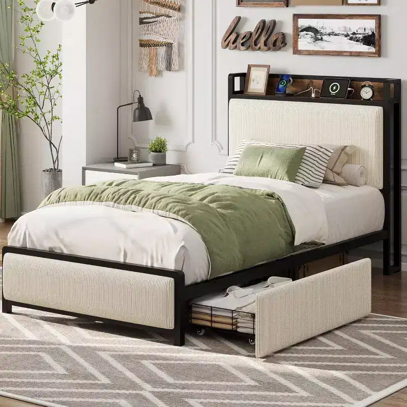 Twin Size Bed Frame with Storage Drawers & Charging Station - Rustic Velvet Upholstered Platform Bed, No Box Spring Needed