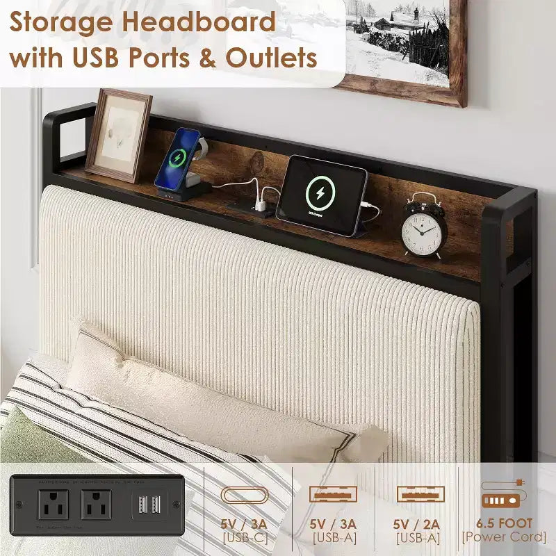 Twin Size Bed Frame with Storage Drawers & Charging Station - Rustic Velvet Upholstered Platform Bed, No Box Spring Needed