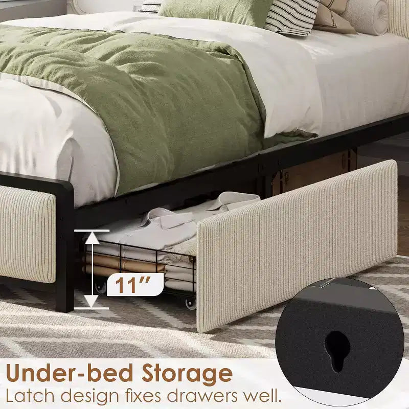 Twin Size Bed Frame with Storage Drawers & Charging Station - Rustic Velvet Upholstered Platform Bed, No Box Spring Needed