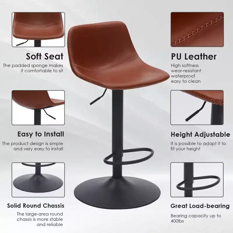PexFix 2Pcs Adjustable Bar Stools Mid Century Swivel Bar Stools Bar Height Stools with Back Support Counter Height Bar Chairs Pu Leather Brown