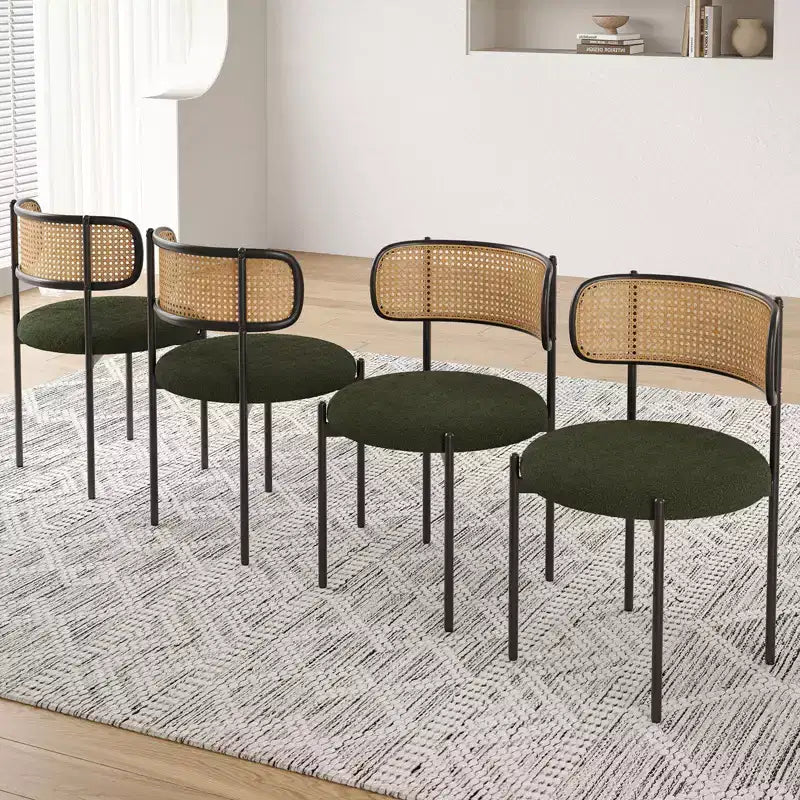 PexFix 4Pcs Modern Upholstered Dining Chairs Rattan Back Dining Room Chairs Accent Kitchen Chairs with Metal Legs Green