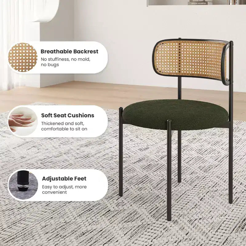 PexFix 4Pcs Modern Upholstered Dining Chairs Rattan Back Dining Room Chairs Accent Kitchen Chairs with Metal Legs Green