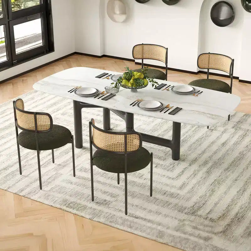 PexFix 4Pcs Modern Upholstered Dining Chairs Rattan Back Dining Room Chairs Accent Kitchen Chairs with Metal Legs Green